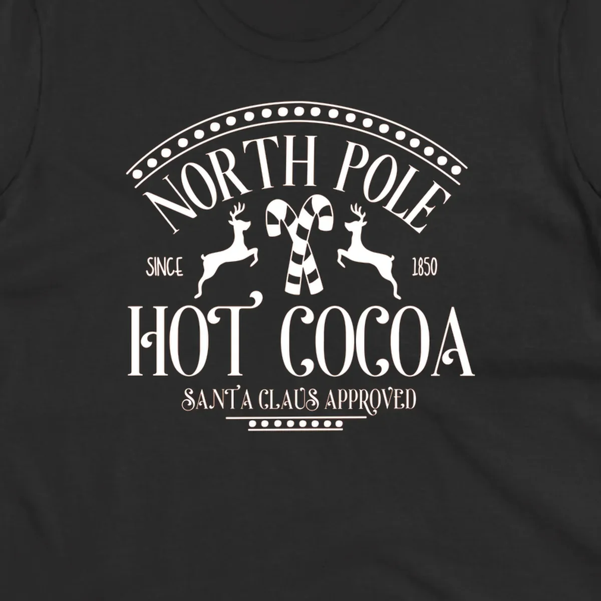 North Pole Hot Cocoa sign with reindeer and candy canes, Christmas holiday graphic.