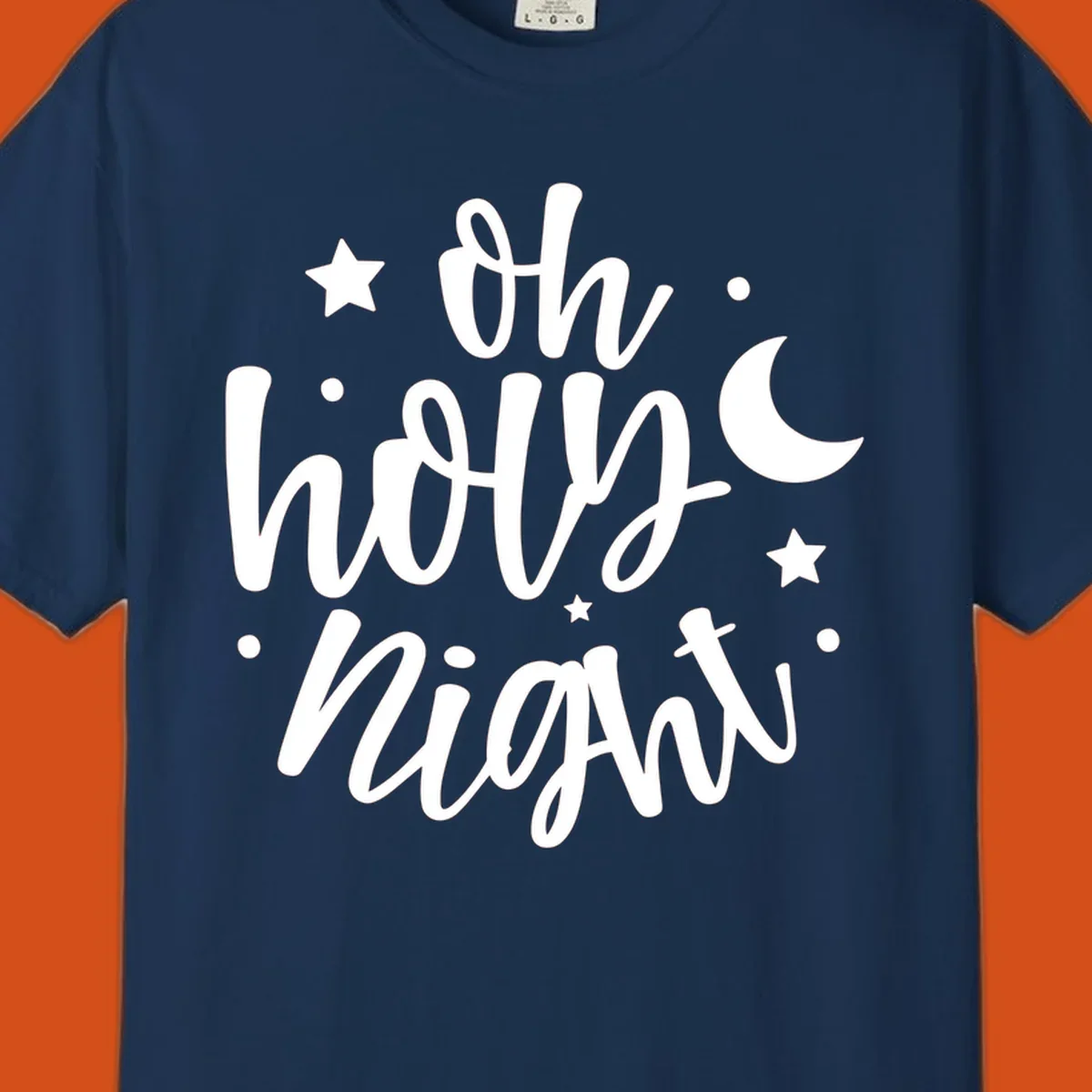 Oh Holy Night Christmas script text design with stars and moon.