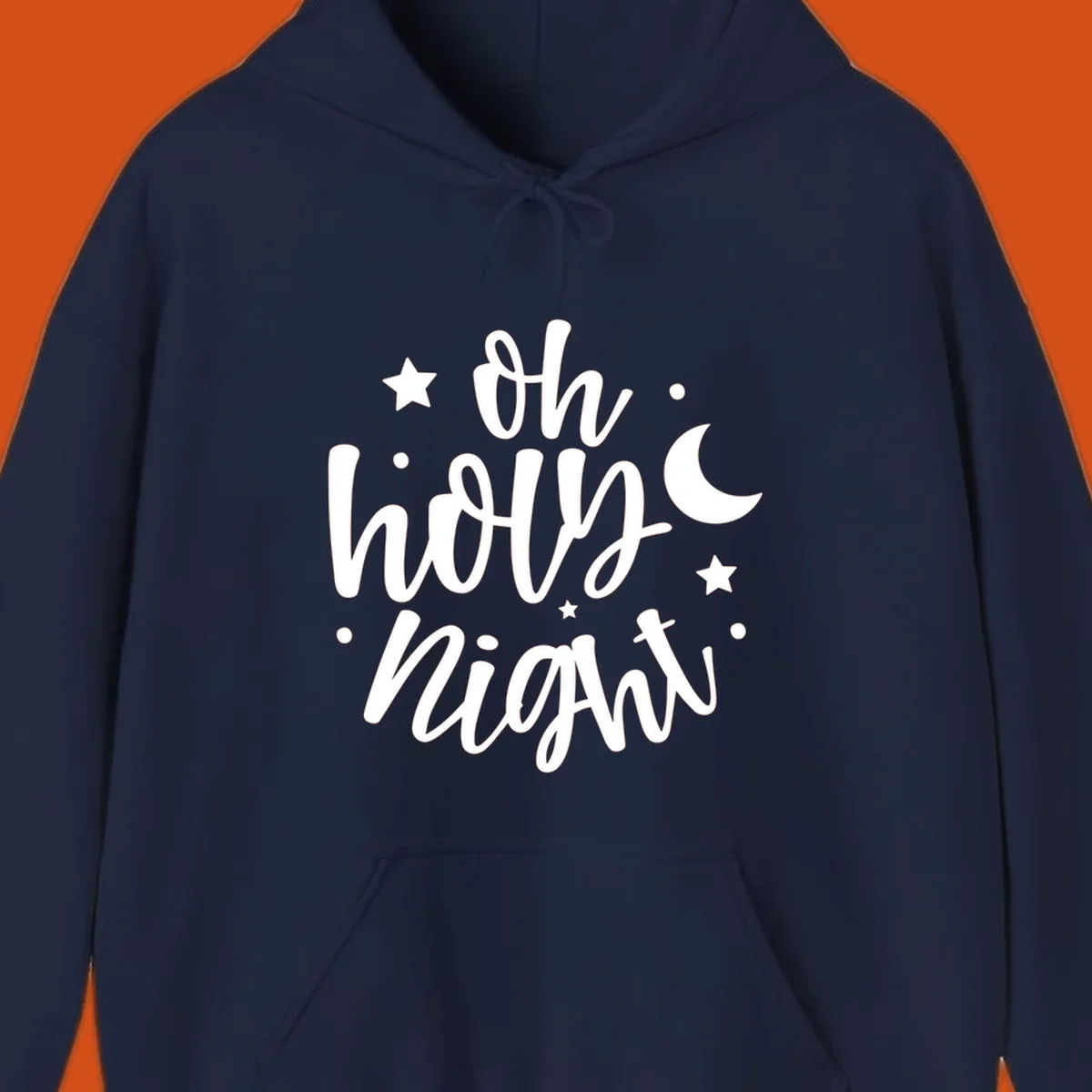 Oh Holy Night Christmas script text design with stars and moon.