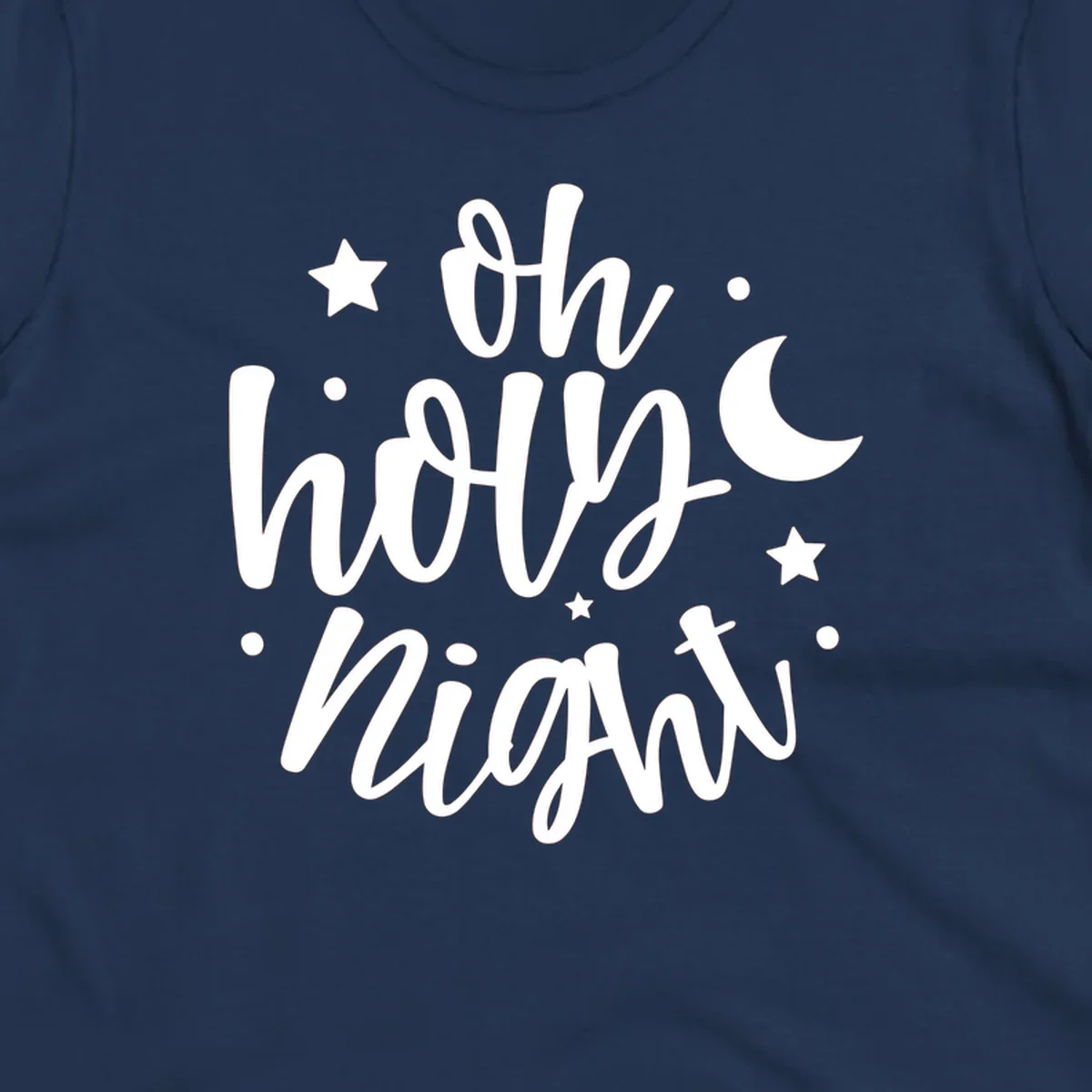 Oh Holy Night Christmas script text design with stars and moon.