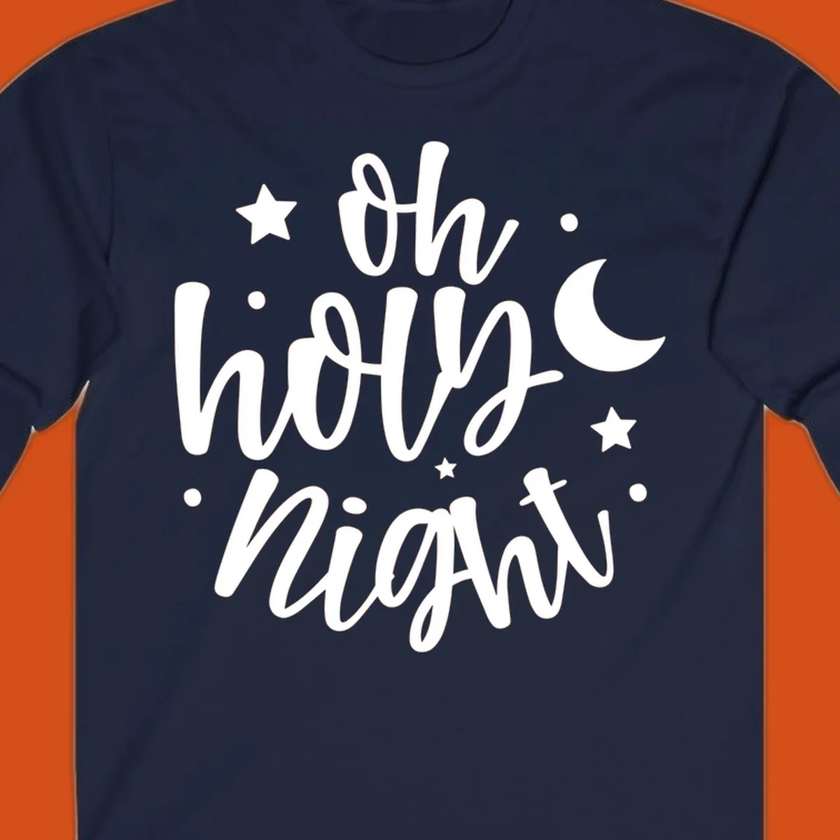Oh Holy Night Christmas script text design with stars and moon.