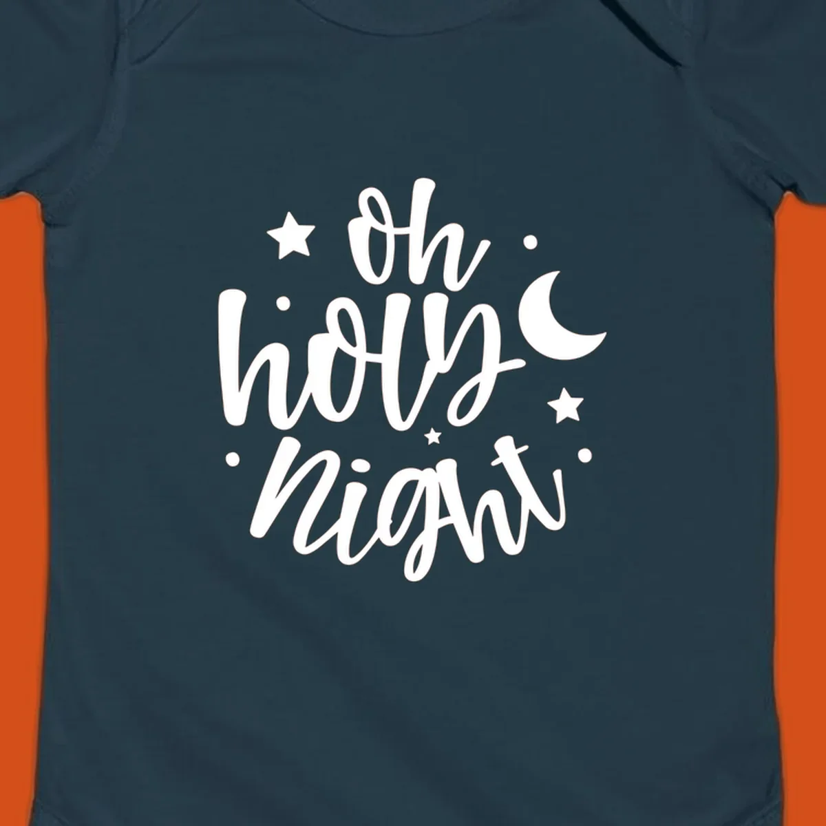 Oh Holy Night Christmas script text design with stars and moon.