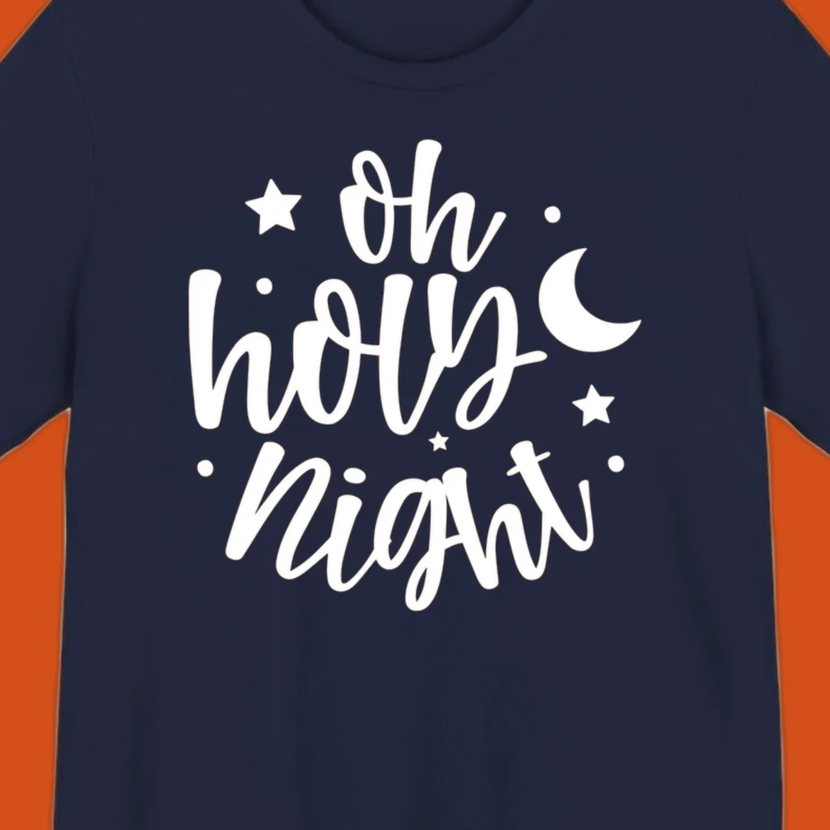 Oh Holy Night Christmas script text design with stars and moon.