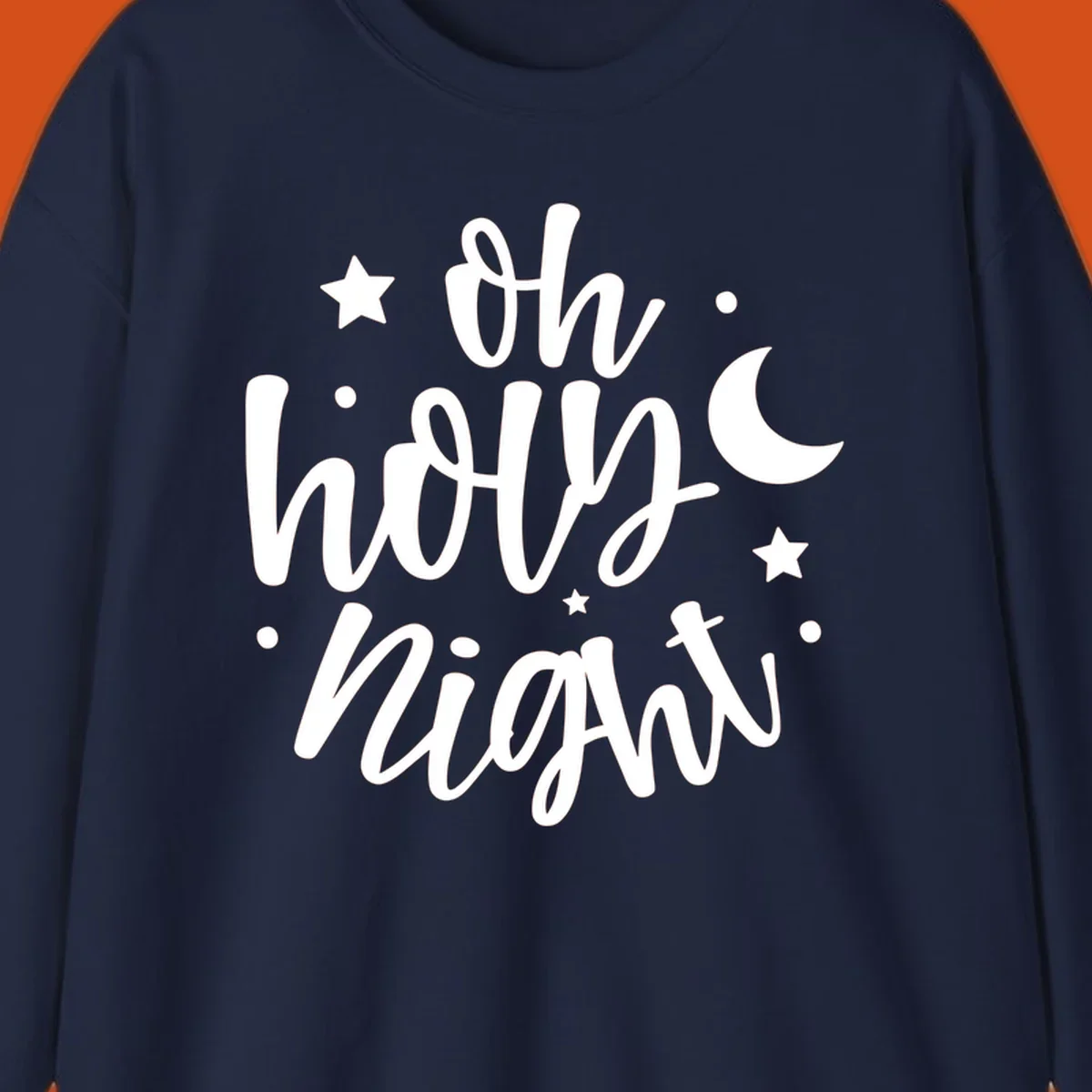 Oh Holy Night Christmas script text design with stars and moon.