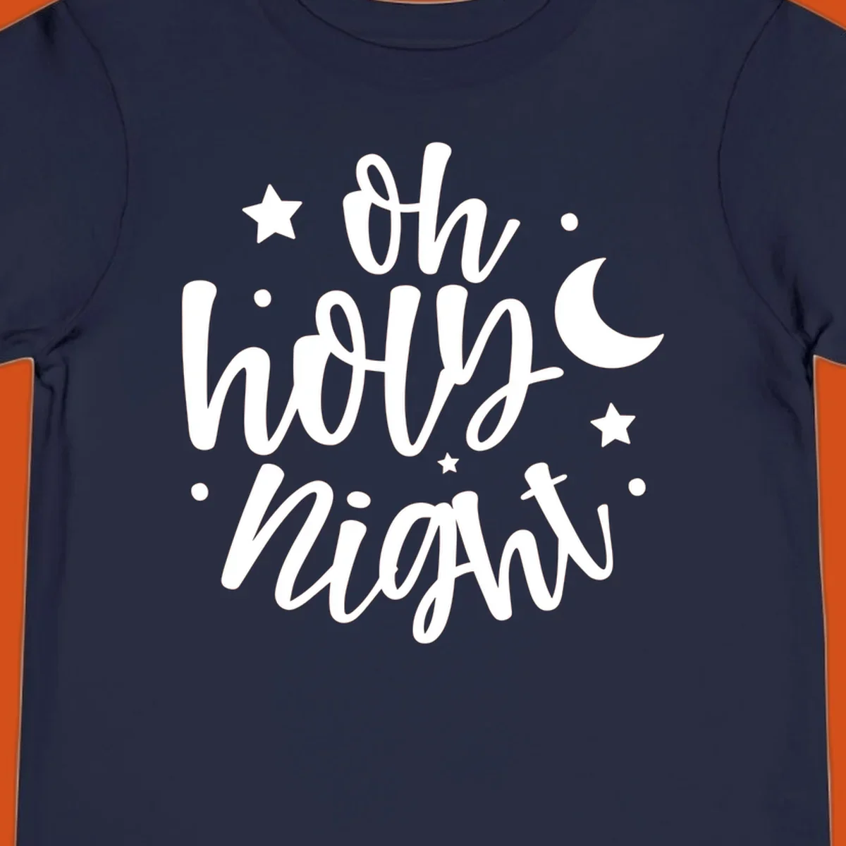Oh Holy Night Christmas script text design with stars and moon.