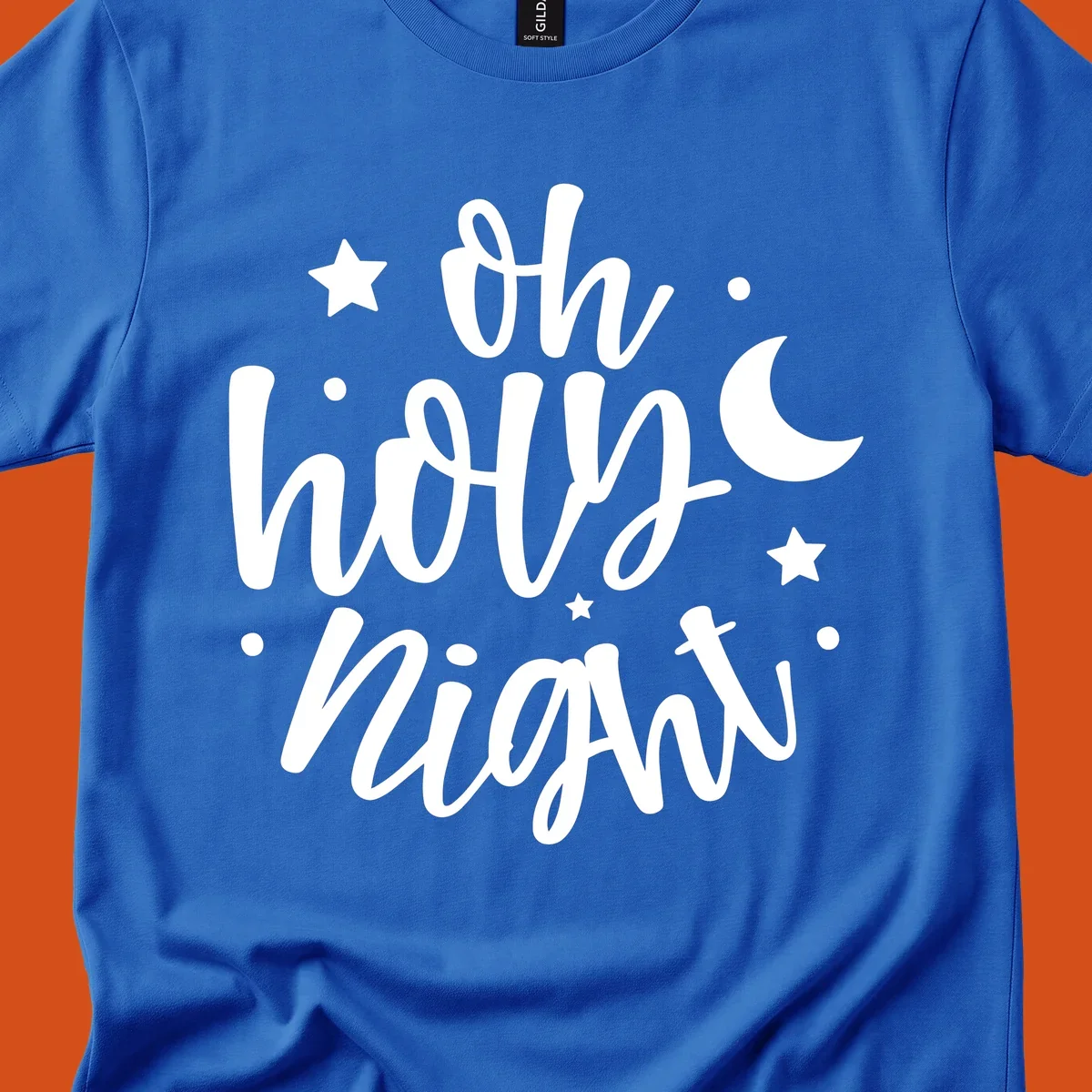 Oh Holy Night Christmas script text design with stars and moon.