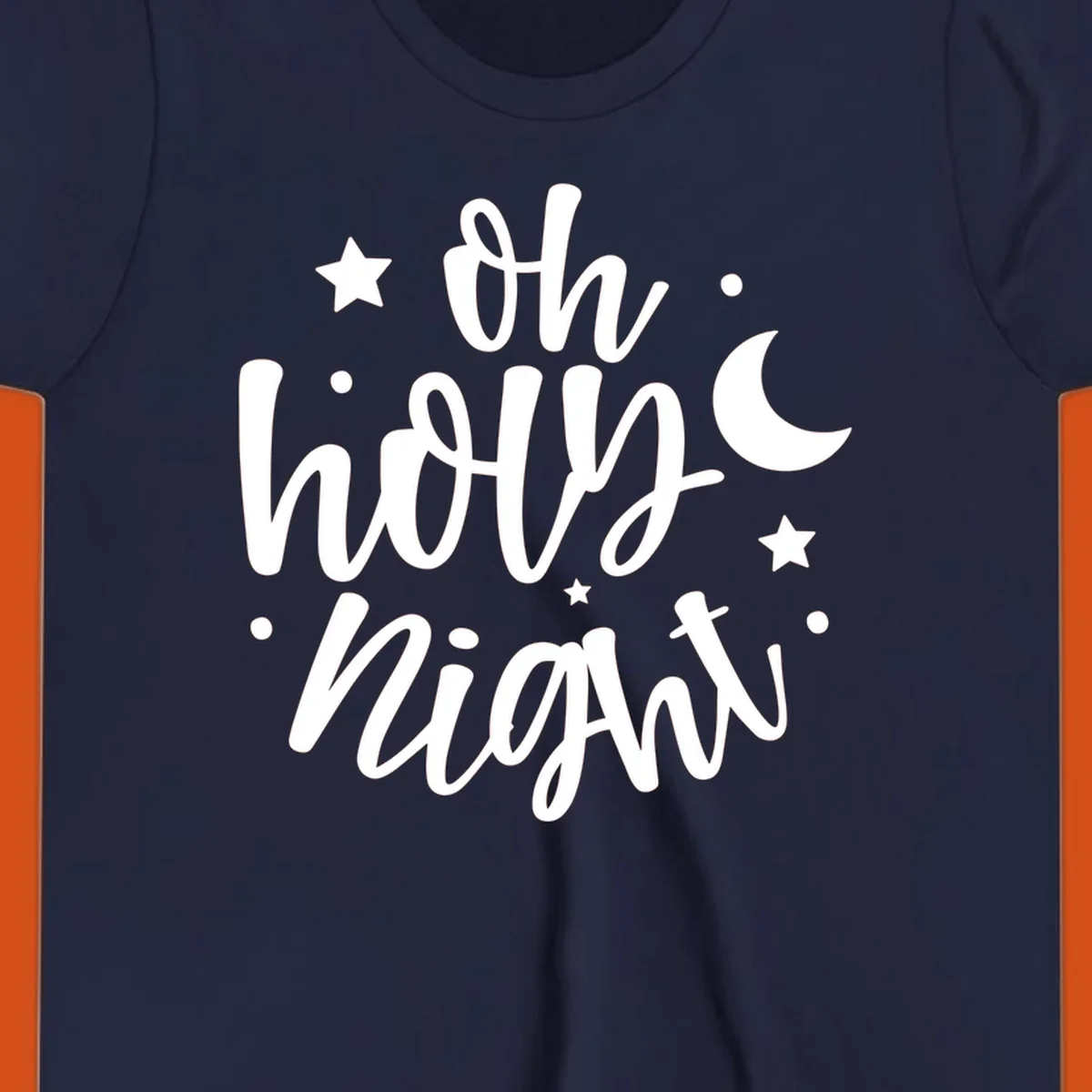 Oh Holy Night Christmas script text design with stars and moon.