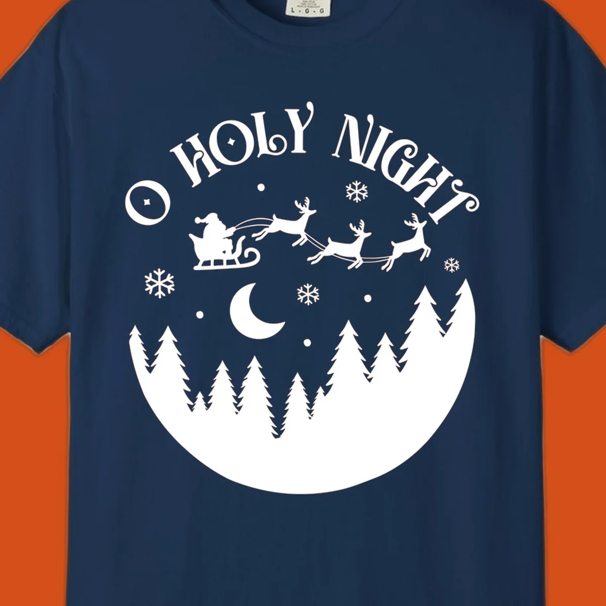O Holy Night Santa sleigh ride with reindeer, moon, and trees silhouette.