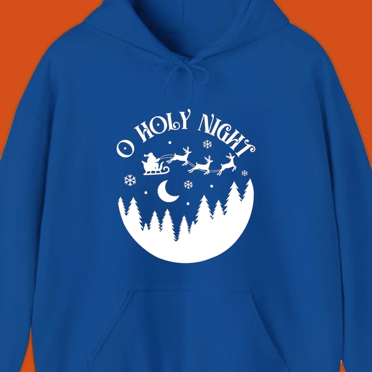 O Holy Night Santa sleigh ride with reindeer, moon, and trees silhouette.