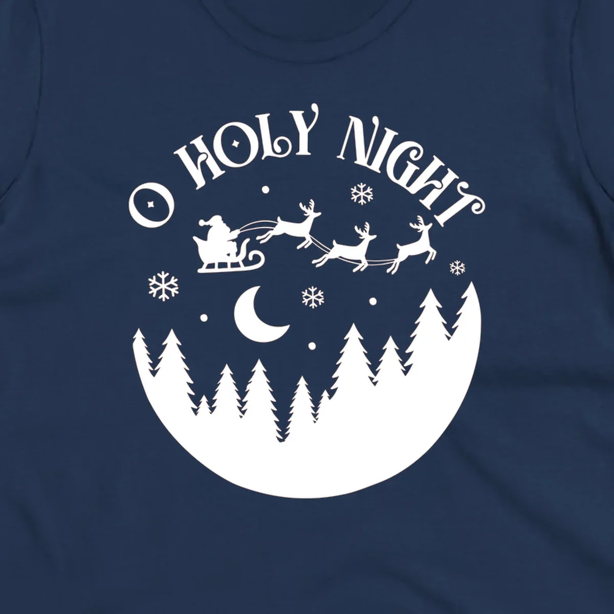 O Holy Night Santa sleigh ride with reindeer, moon, and trees silhouette.