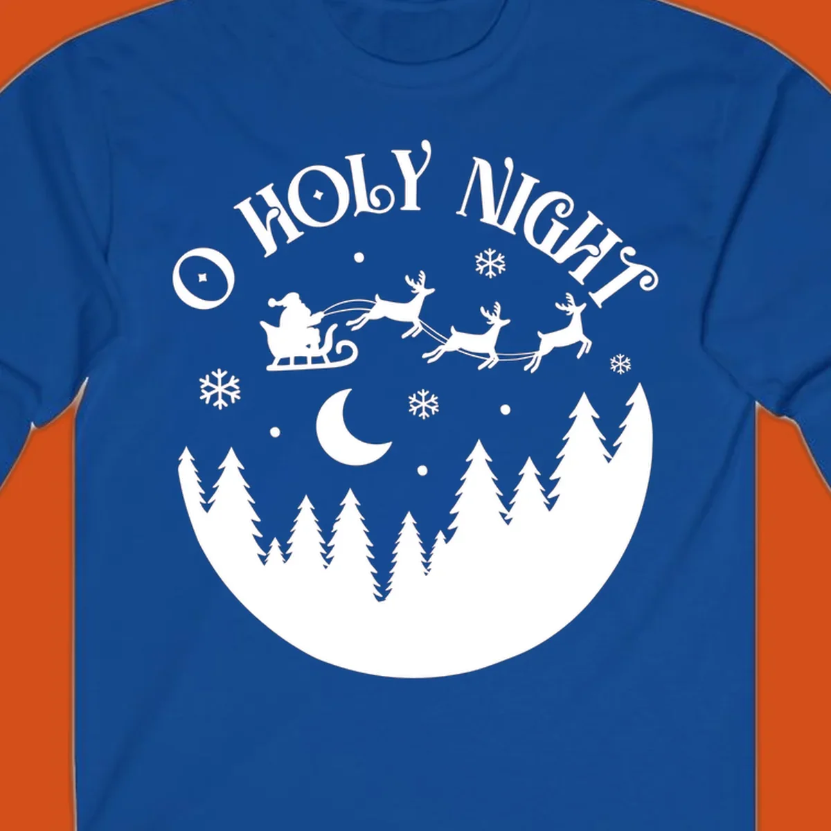 O Holy Night Santa sleigh ride with reindeer, moon, and trees silhouette.