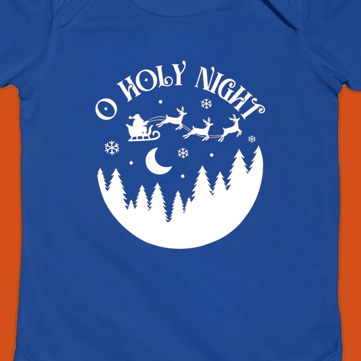 O Holy Night Santa sleigh ride with reindeer, moon, and trees silhouette.
