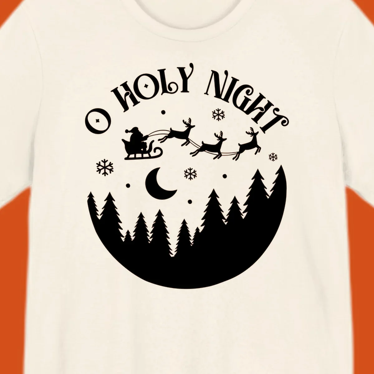 O Holy Night Santa sleigh ride with reindeer, moon, and trees silhouette.