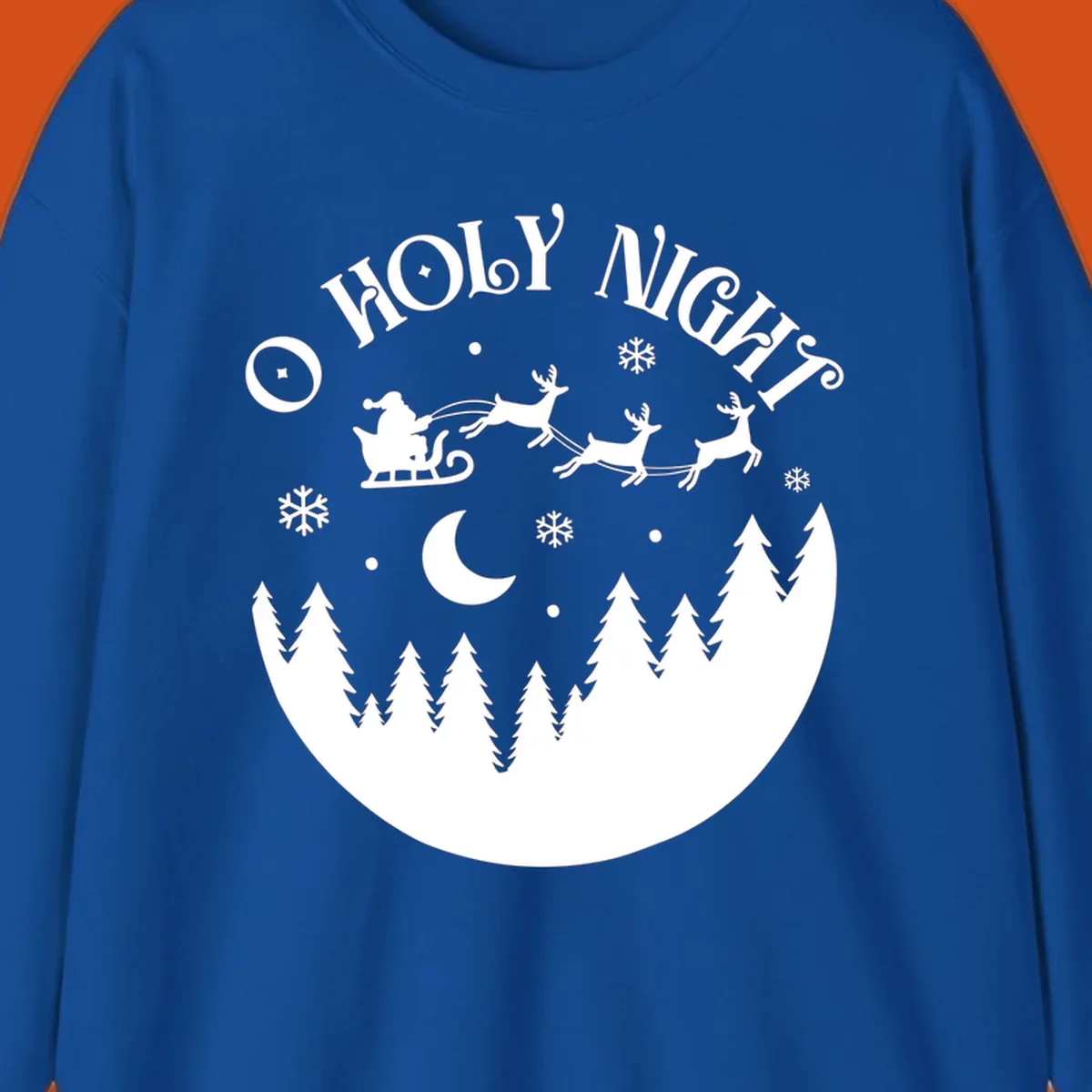O Holy Night Santa sleigh ride with reindeer, moon, and trees silhouette.
