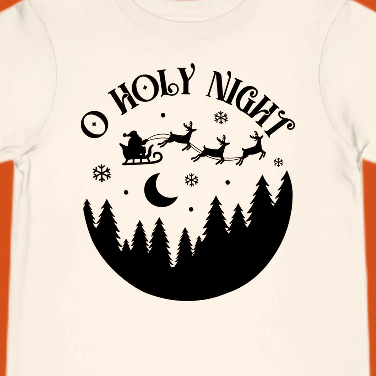 O Holy Night Santa sleigh ride with reindeer, moon, and trees silhouette.
