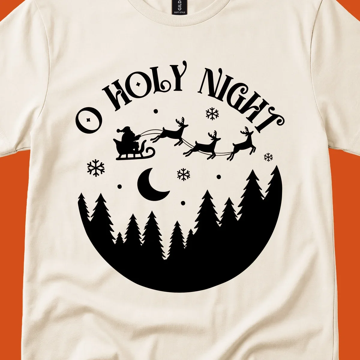O Holy Night Santa sleigh ride with reindeer, moon, and trees silhouette.