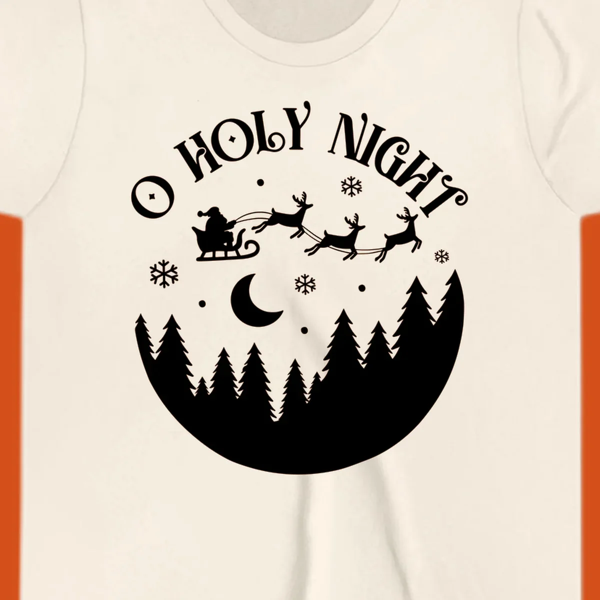 O Holy Night Santa sleigh ride with reindeer, moon, and trees silhouette.