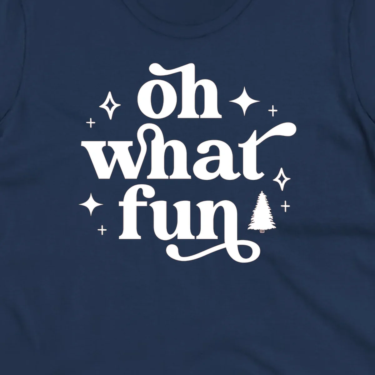 Oh What Fun Christmas text with tree and stars. oh-what-fun-christmas.