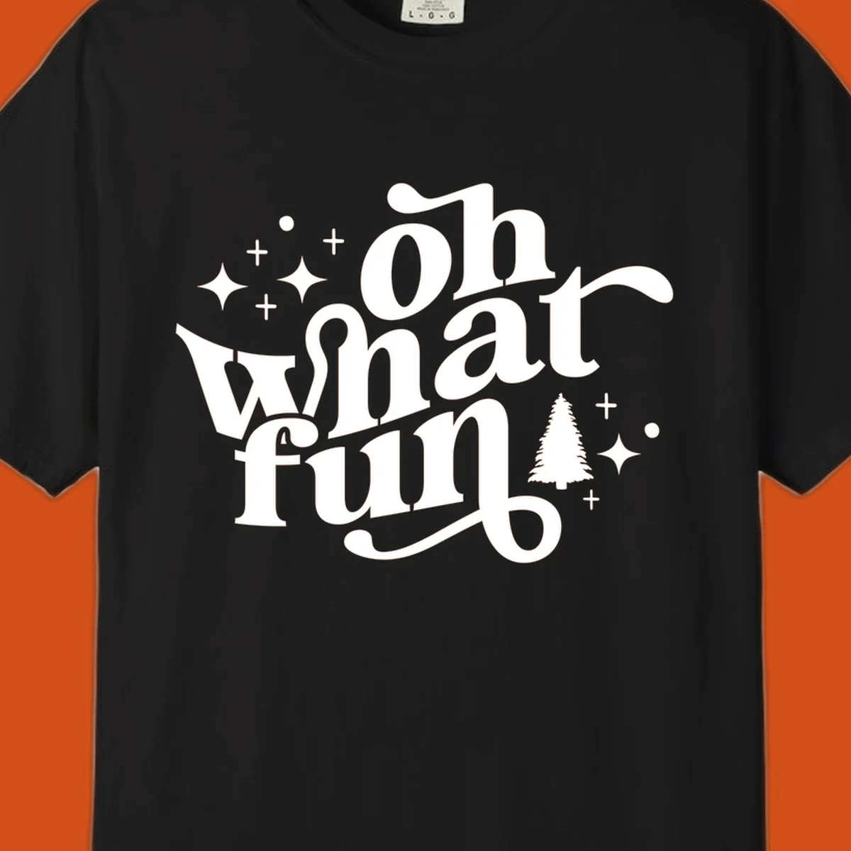 Oh what fun holiday text with christmas tree, stars, and plus signs graphic. oh-what-fun-christmas