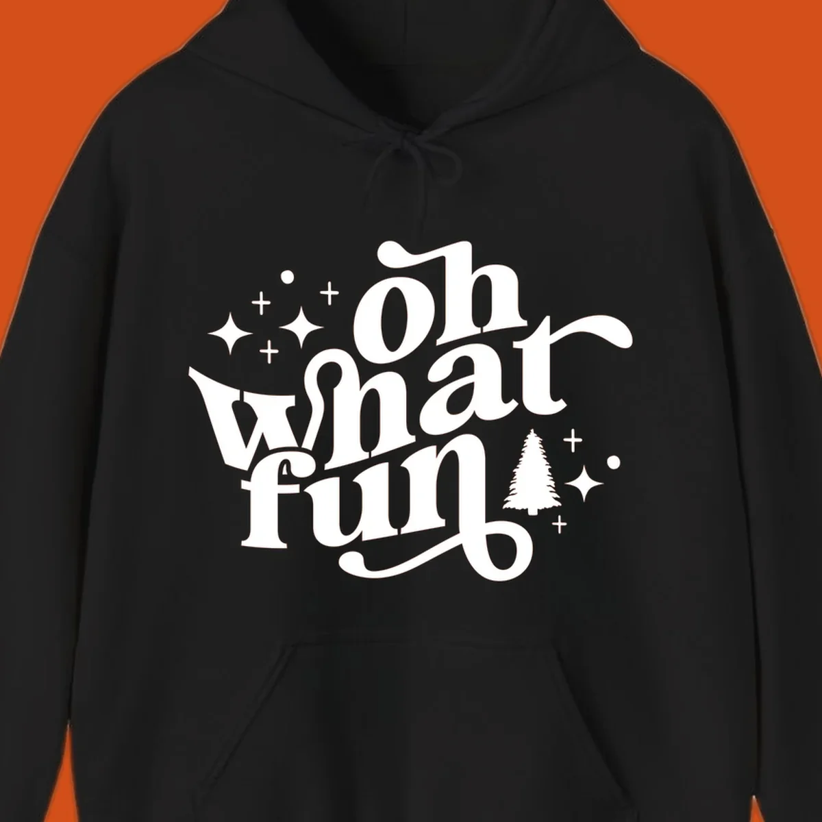 Oh what fun holiday text with christmas tree, stars, and plus signs graphic. oh-what-fun-christmas
