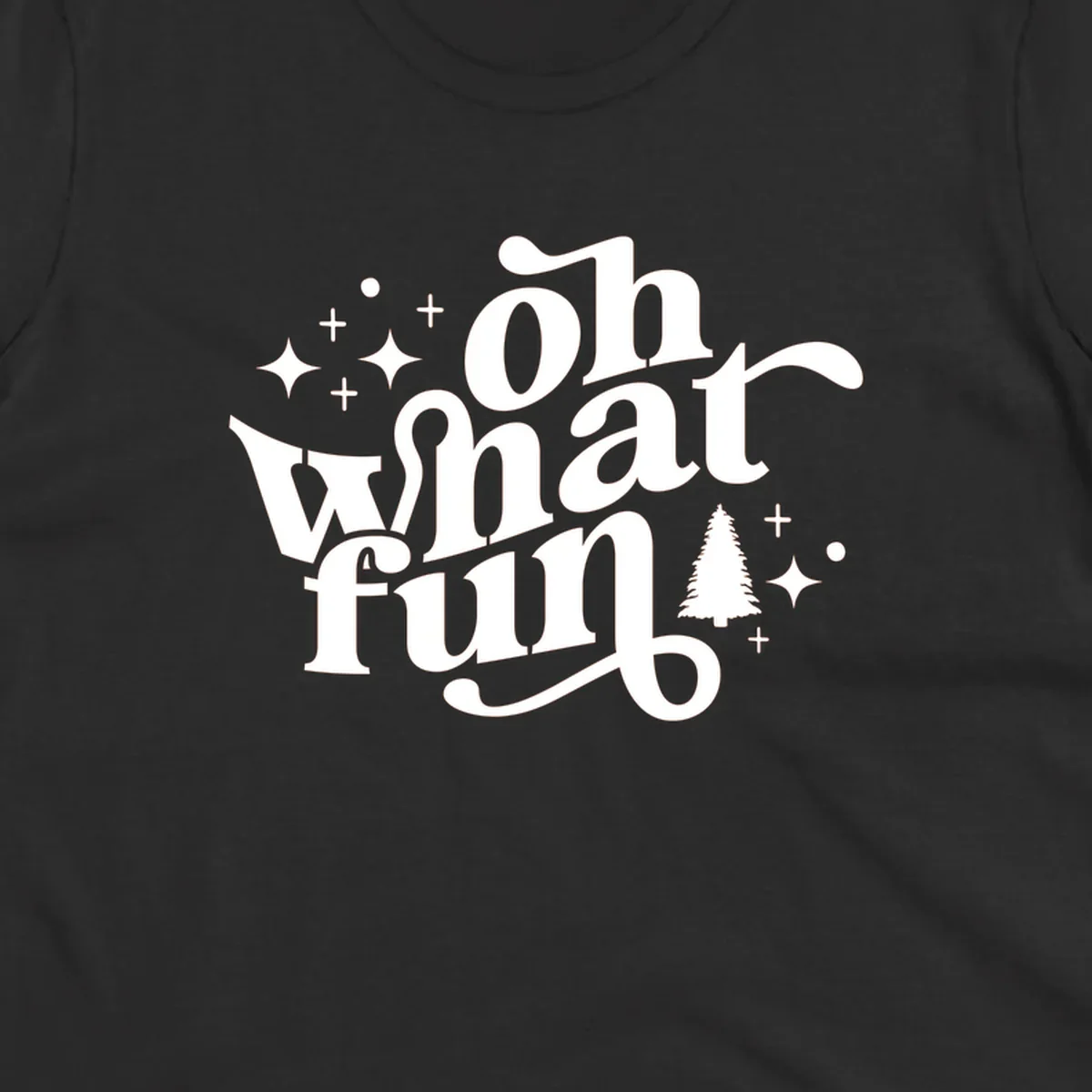 Oh what fun holiday text with christmas tree, stars, and plus signs graphic. oh-what-fun-christmas