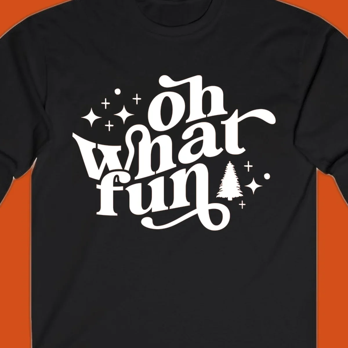 Oh what fun holiday text with christmas tree, stars, and plus signs graphic. oh-what-fun-christmas