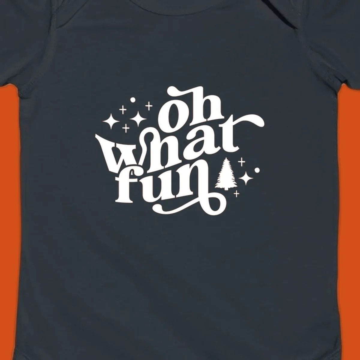 Oh what fun holiday text with christmas tree, stars, and plus signs graphic. oh-what-fun-christmas