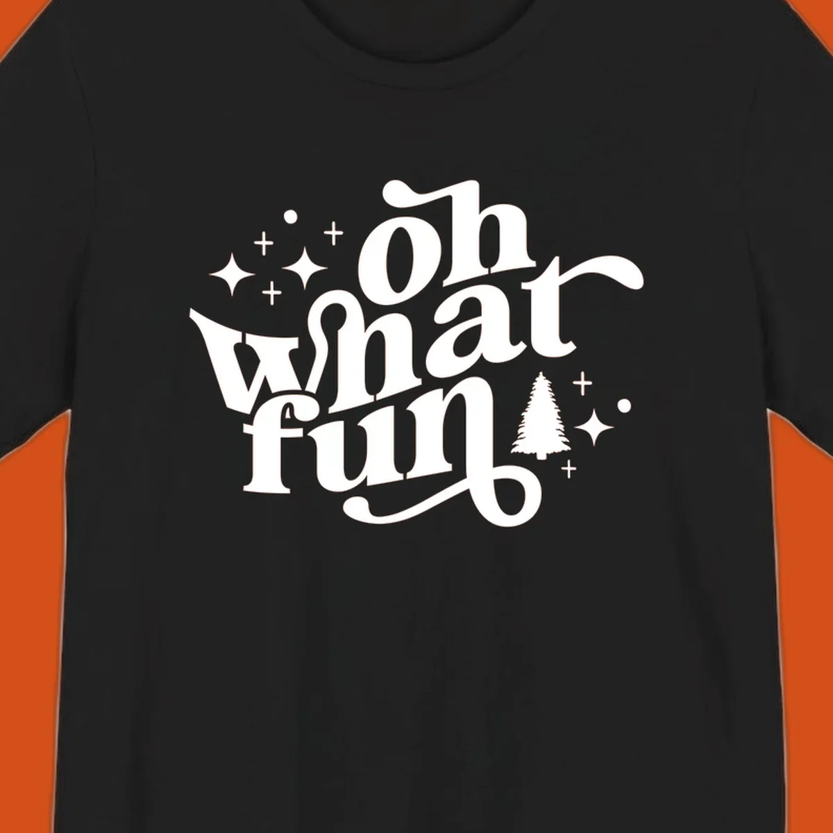 Oh what fun holiday text with christmas tree, stars, and plus signs graphic. oh-what-fun-christmas