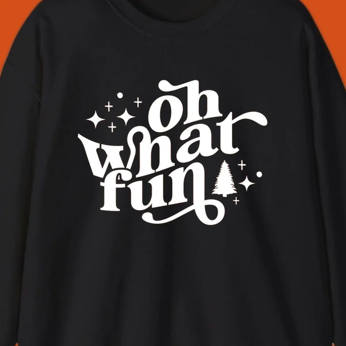 Oh what fun holiday text with christmas tree, stars, and plus signs graphic. oh-what-fun-christmas
