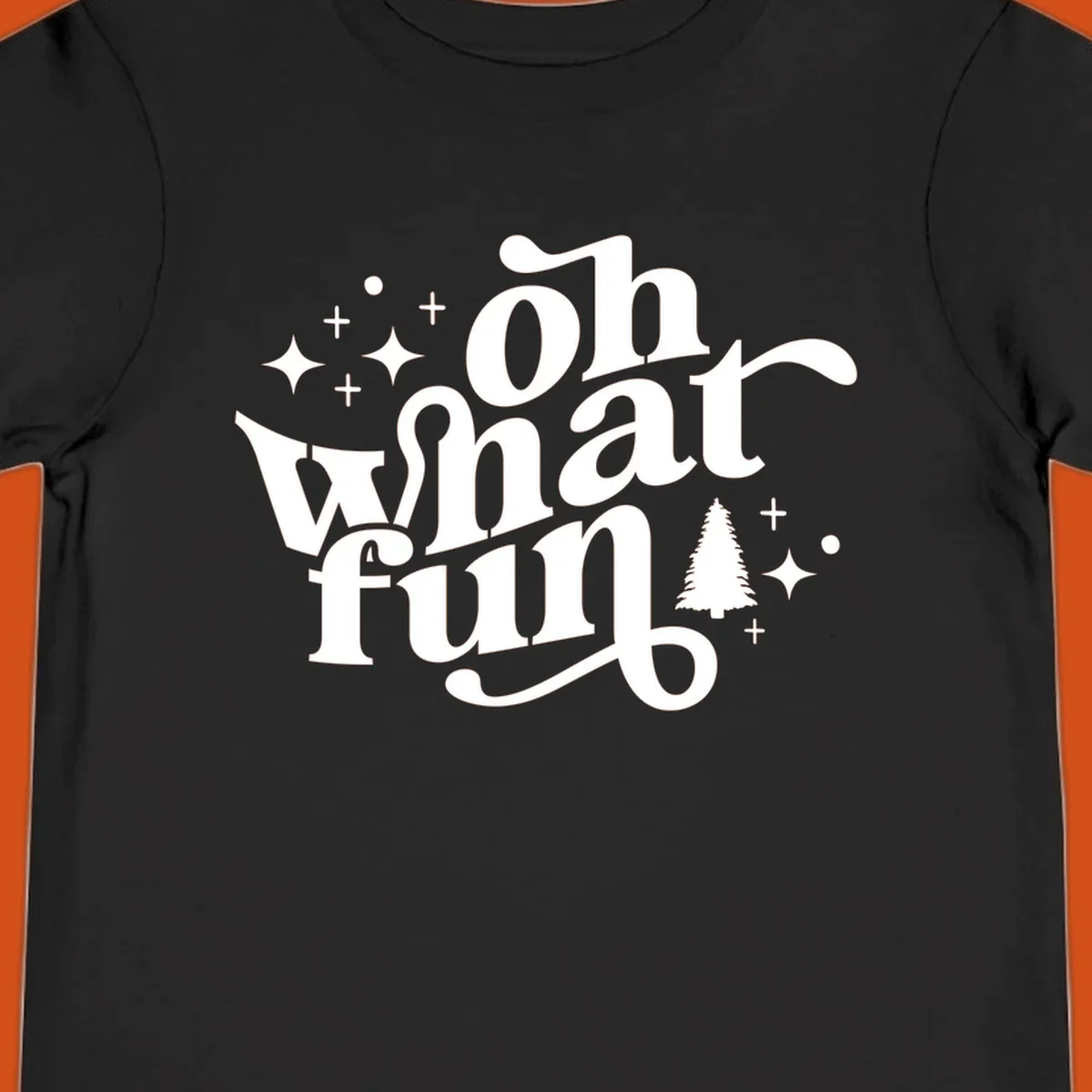 Oh what fun holiday text with christmas tree, stars, and plus signs graphic. oh-what-fun-christmas