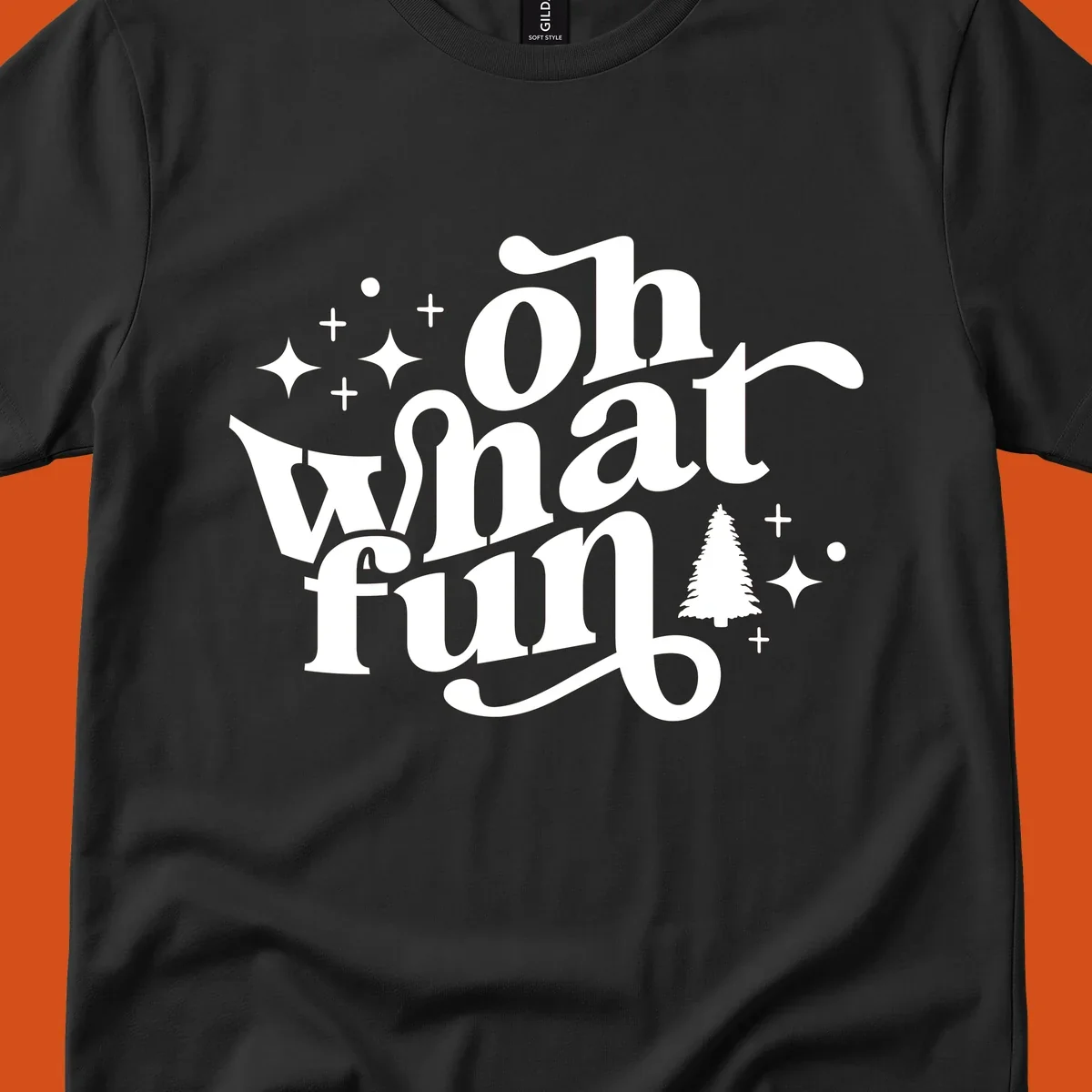 Oh what fun holiday text with christmas tree, stars, and plus signs graphic. oh-what-fun-christmas