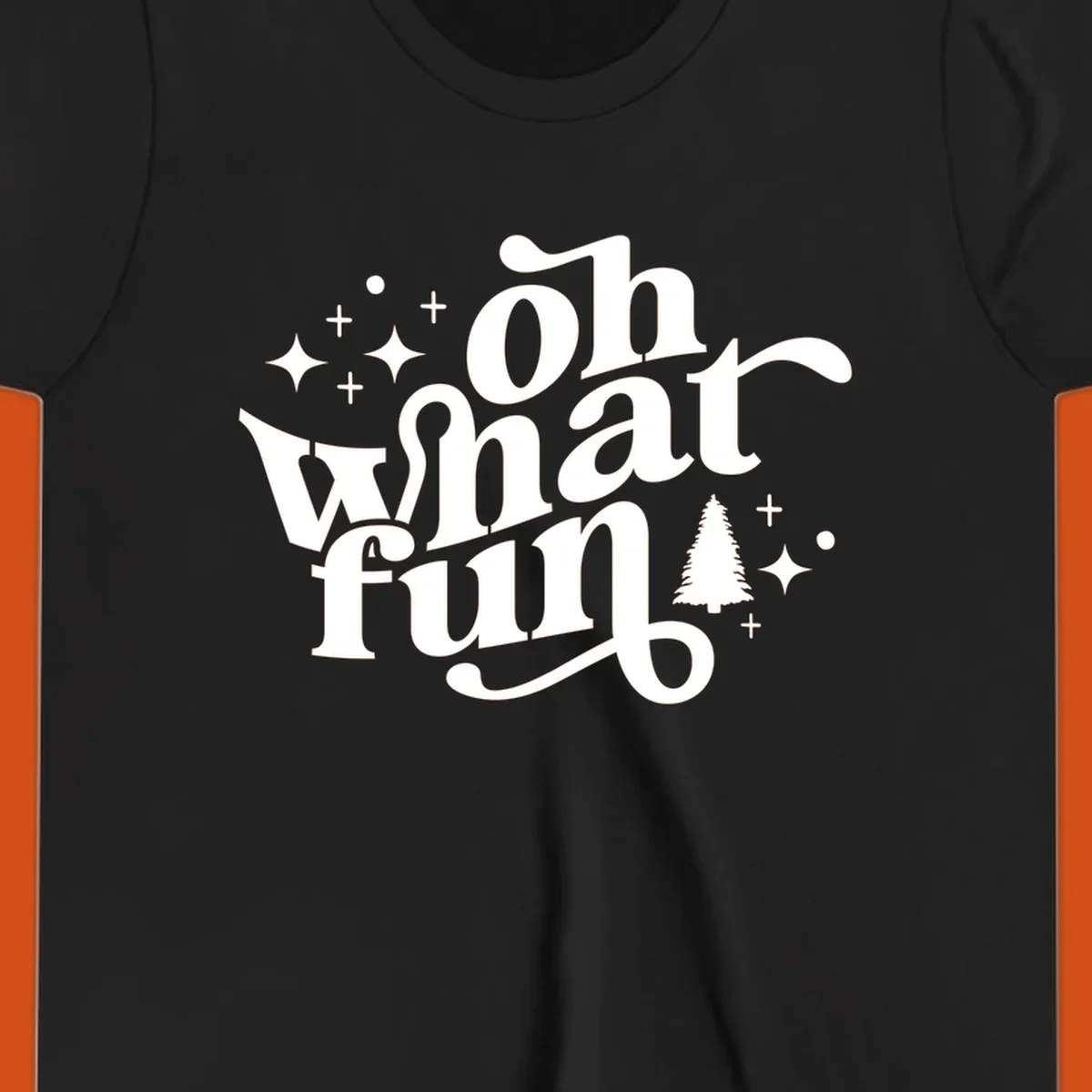 Oh what fun holiday text with christmas tree, stars, and plus signs graphic. oh-what-fun-christmas