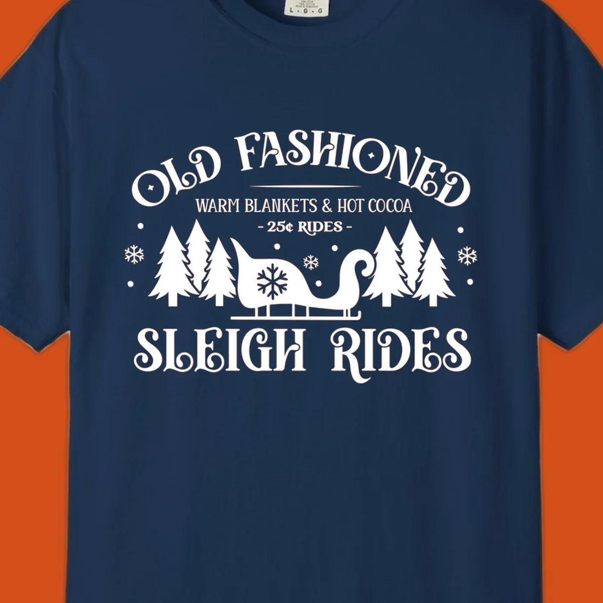 Old fashioned sleigh ride with warm blankets and hot cocoa text, trees, and sleigh illustration.