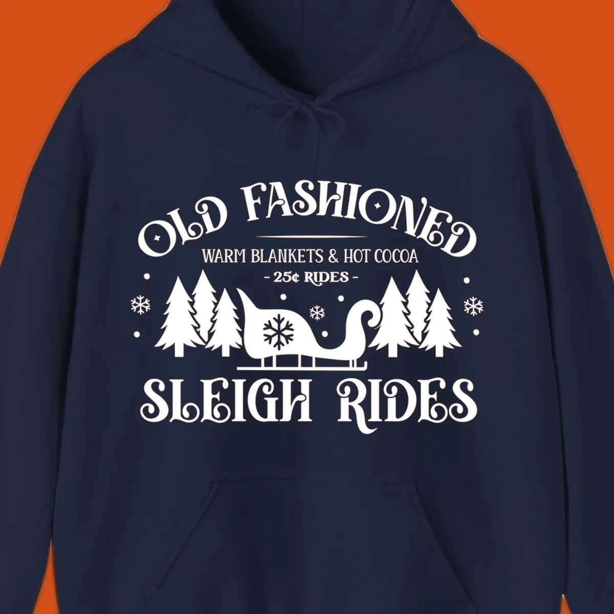 Old fashioned sleigh ride with warm blankets and hot cocoa text, trees, and sleigh illustration.