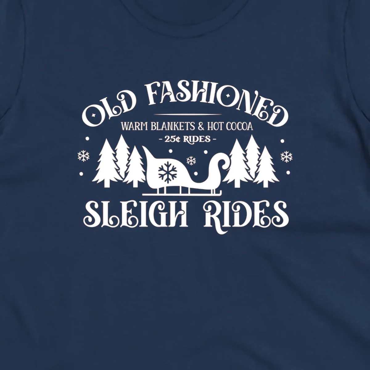 Old fashioned sleigh ride with warm blankets and hot cocoa text, trees, and sleigh illustration.