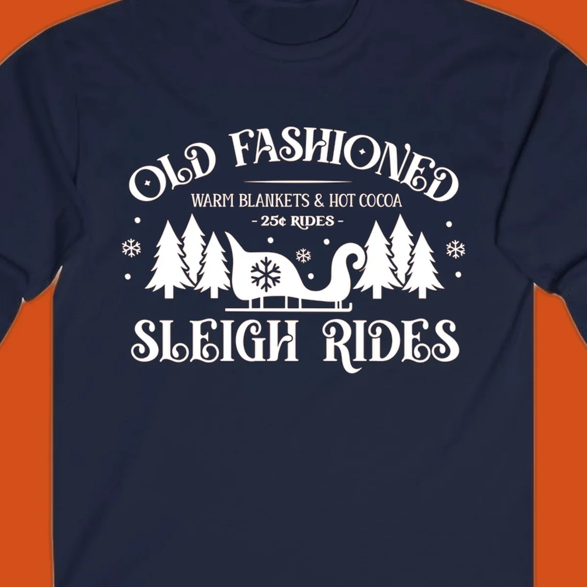 Old fashioned sleigh ride with warm blankets and hot cocoa text, trees, and sleigh illustration.