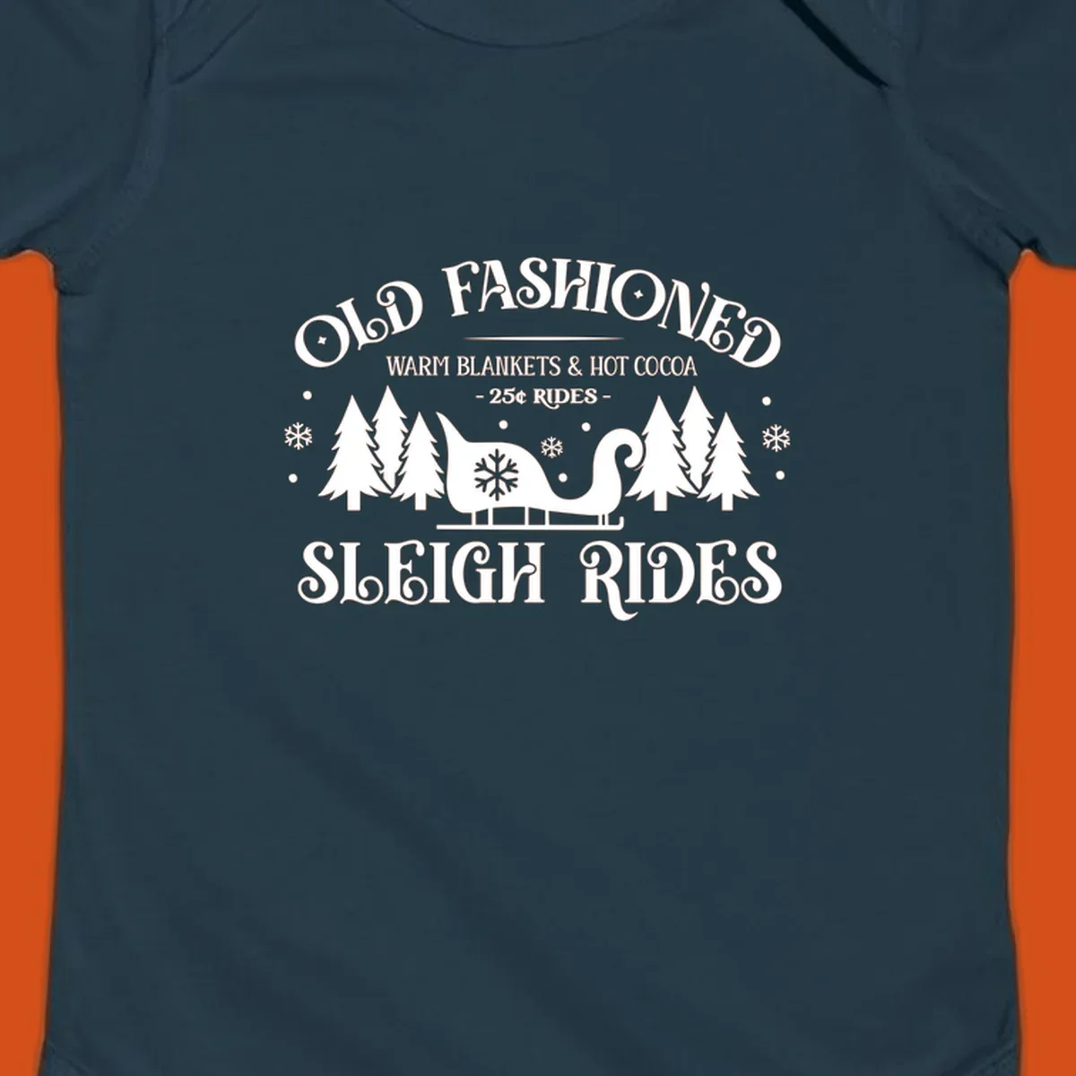 Old fashioned sleigh ride with warm blankets and hot cocoa text, trees, and sleigh illustration.