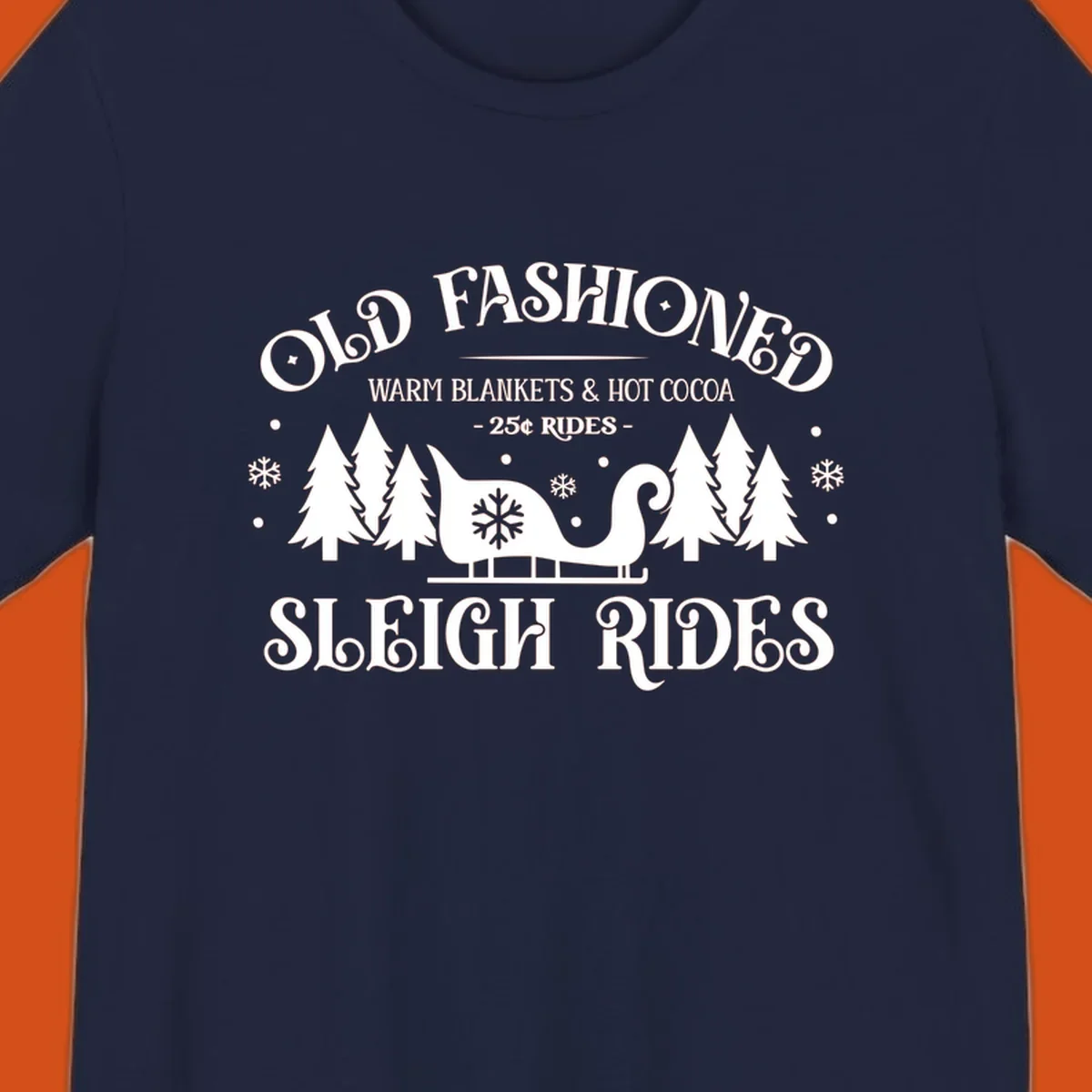 Old fashioned sleigh ride with warm blankets and hot cocoa text, trees, and sleigh illustration.