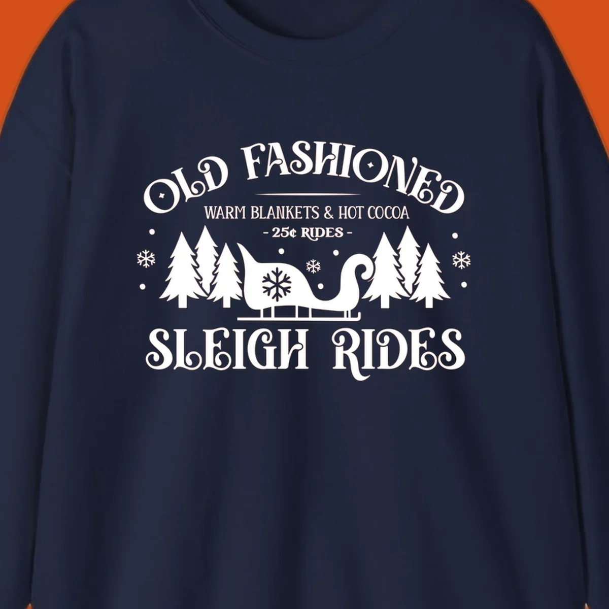 Old fashioned sleigh ride with warm blankets and hot cocoa text, trees, and sleigh illustration.