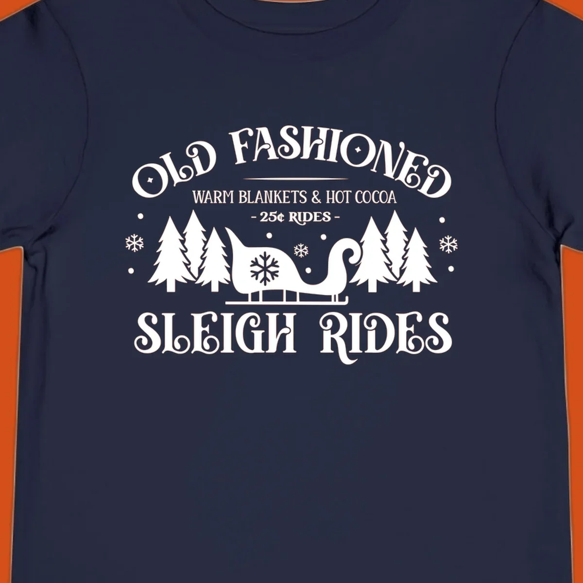Old fashioned sleigh ride with warm blankets and hot cocoa text, trees, and sleigh illustration.