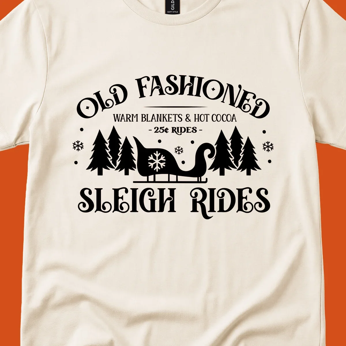 Old fashioned sleigh ride with warm blankets and hot cocoa text, trees, and sleigh illustration.