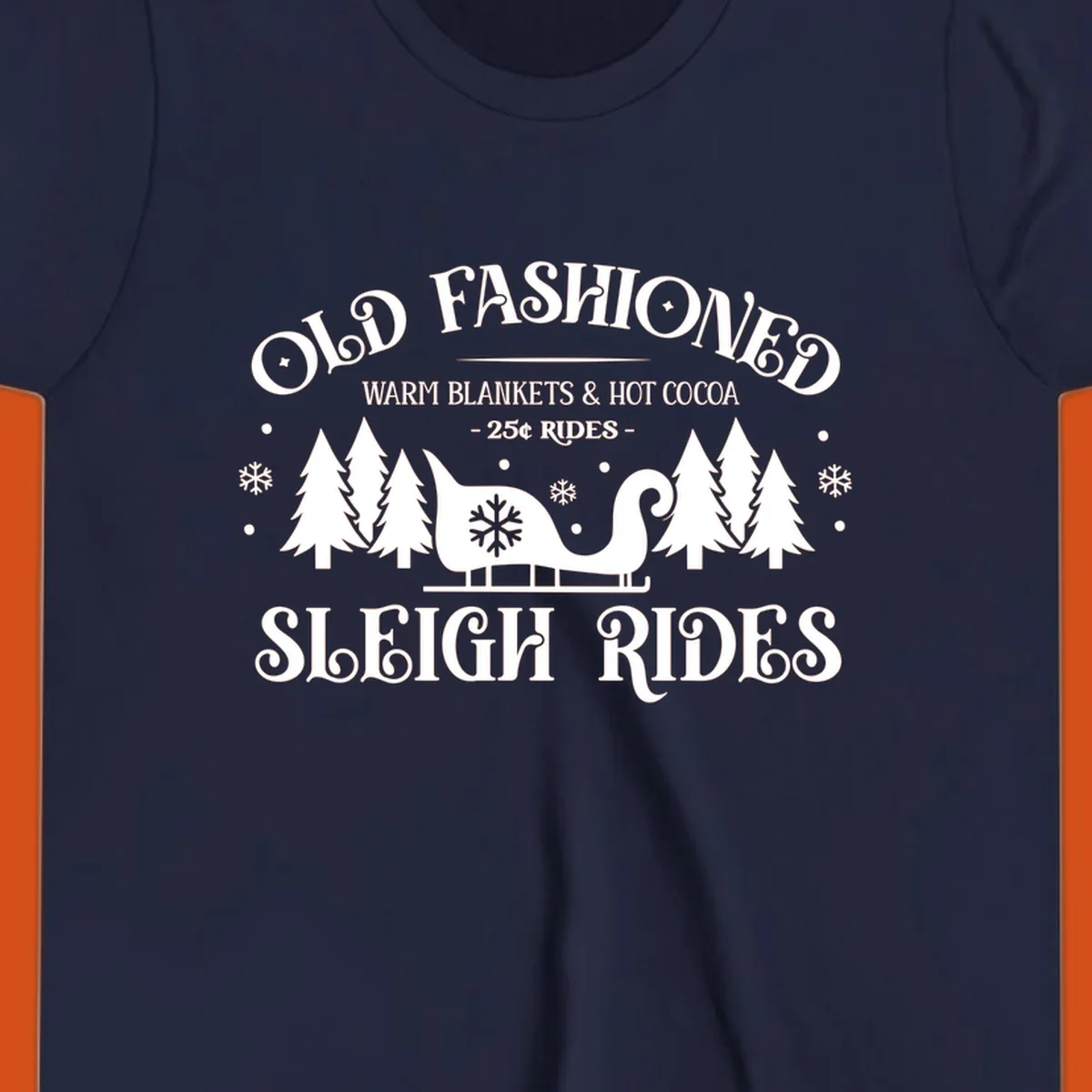 Old fashioned sleigh ride with warm blankets and hot cocoa text, trees, and sleigh illustration.