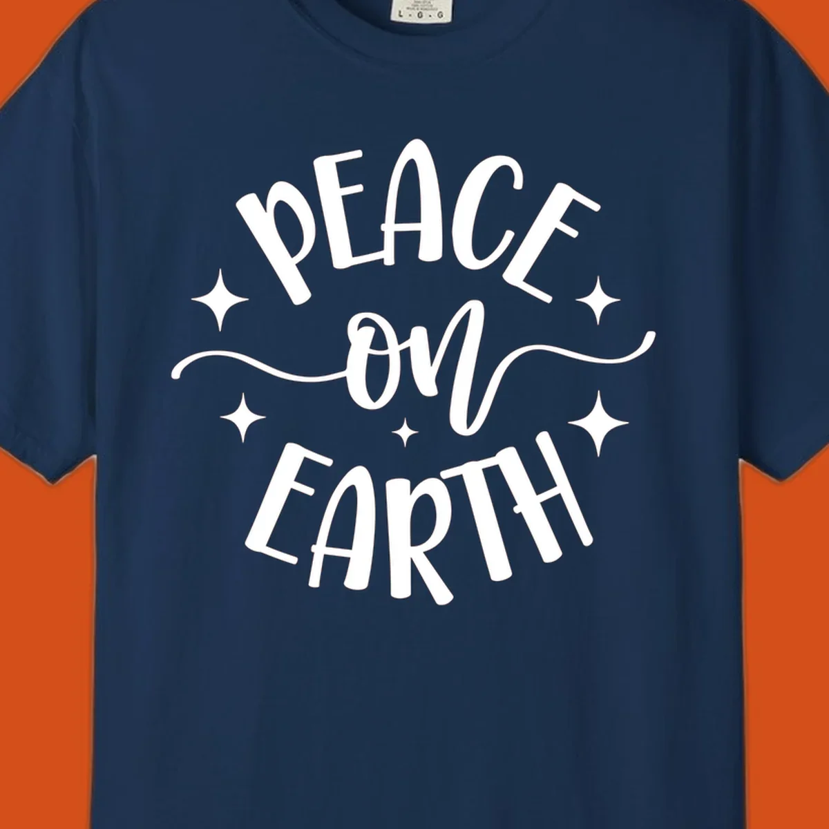 Peace on Earth holiday typography design with stars and swirls.