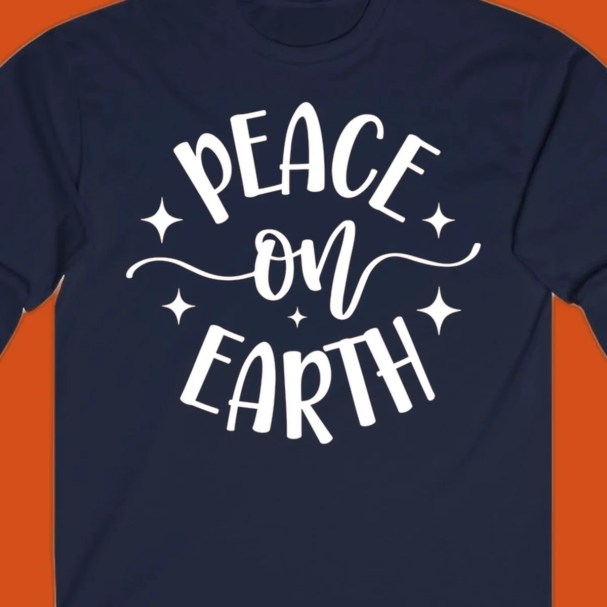 Peace on Earth holiday typography design with stars and swirls.
