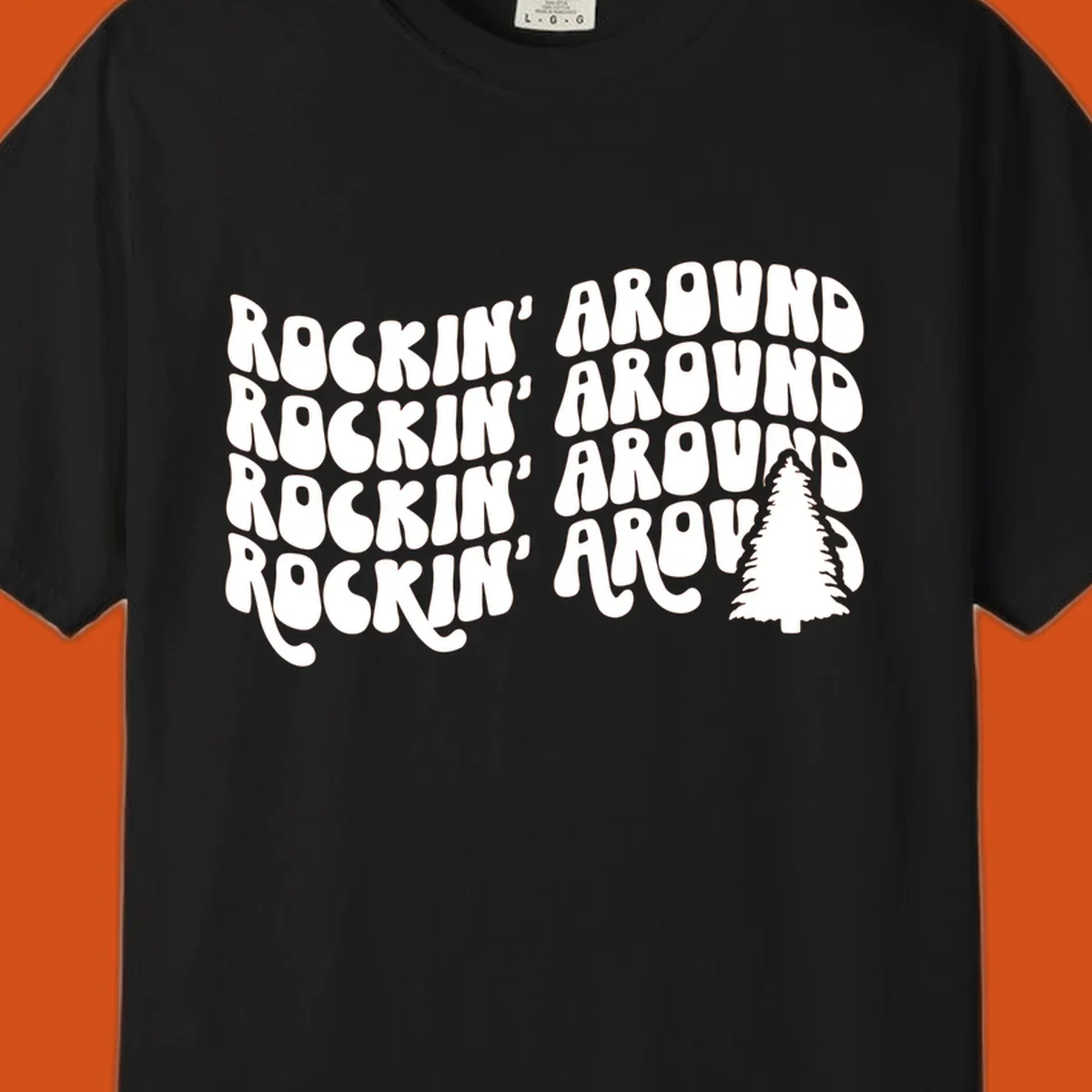 Rockin Around Christmas text and tree graphic.