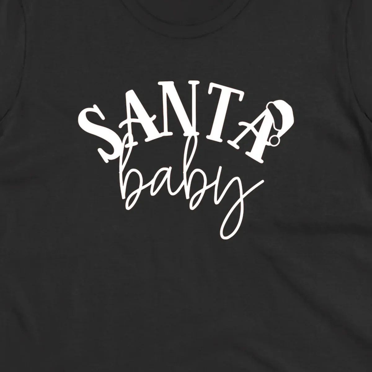 Santa baby Christmas text design with a Santa hat on the letter A.