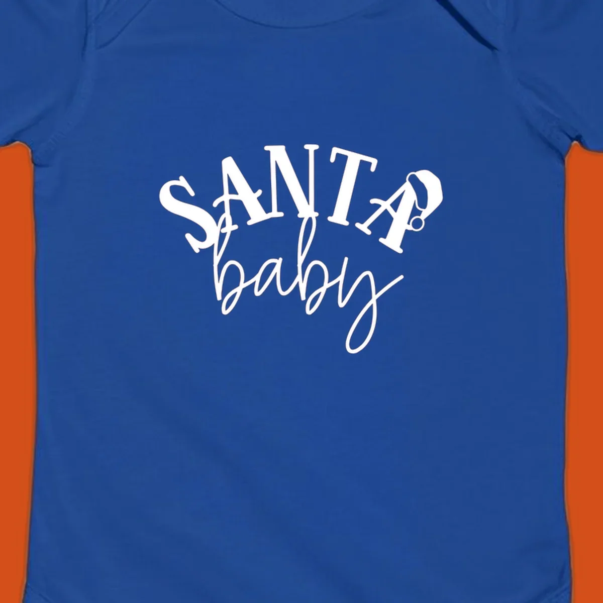 Santa baby Christmas text design with a Santa hat on the letter A.