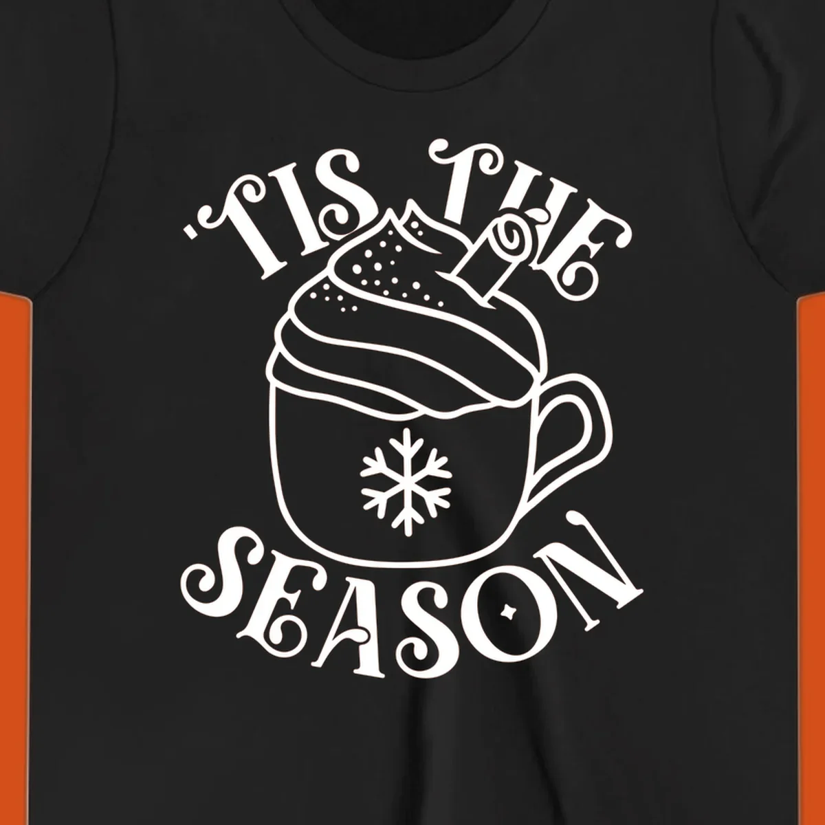 Tis the season hot cocoa mug with snowflake and cinnamon stick, white design on black.