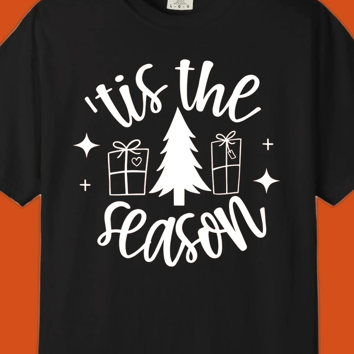 Tis the season holiday gifts with christmas tree and presents illustration on black.