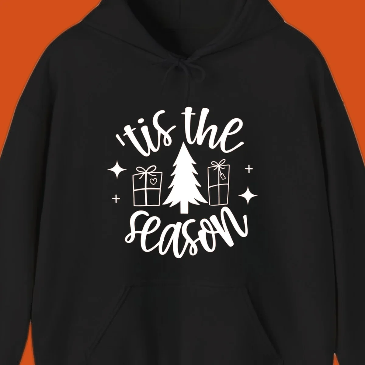 Tis the season holiday gifts with christmas tree and presents illustration on black.